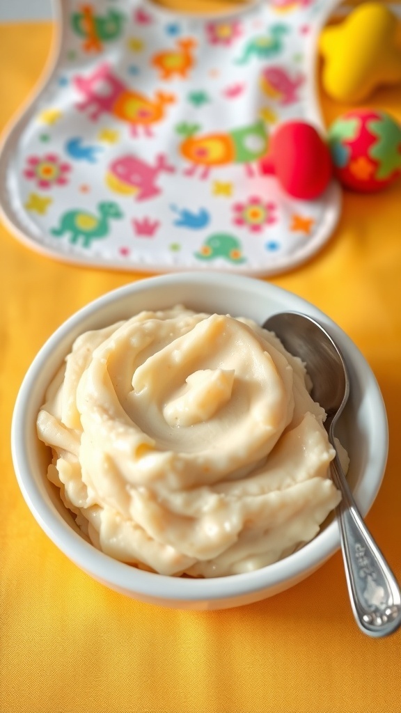 Creamy mashed potatoes in a bowl for babies, with a spoon and playful background.